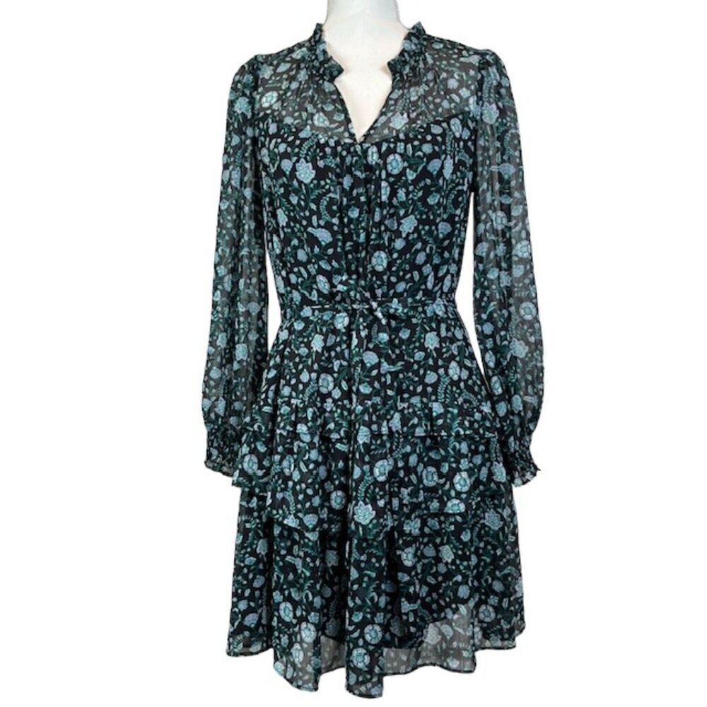 Draper James Tiered Gauzy Dress Black with Green White Floral‎ Long Sleeve Small
